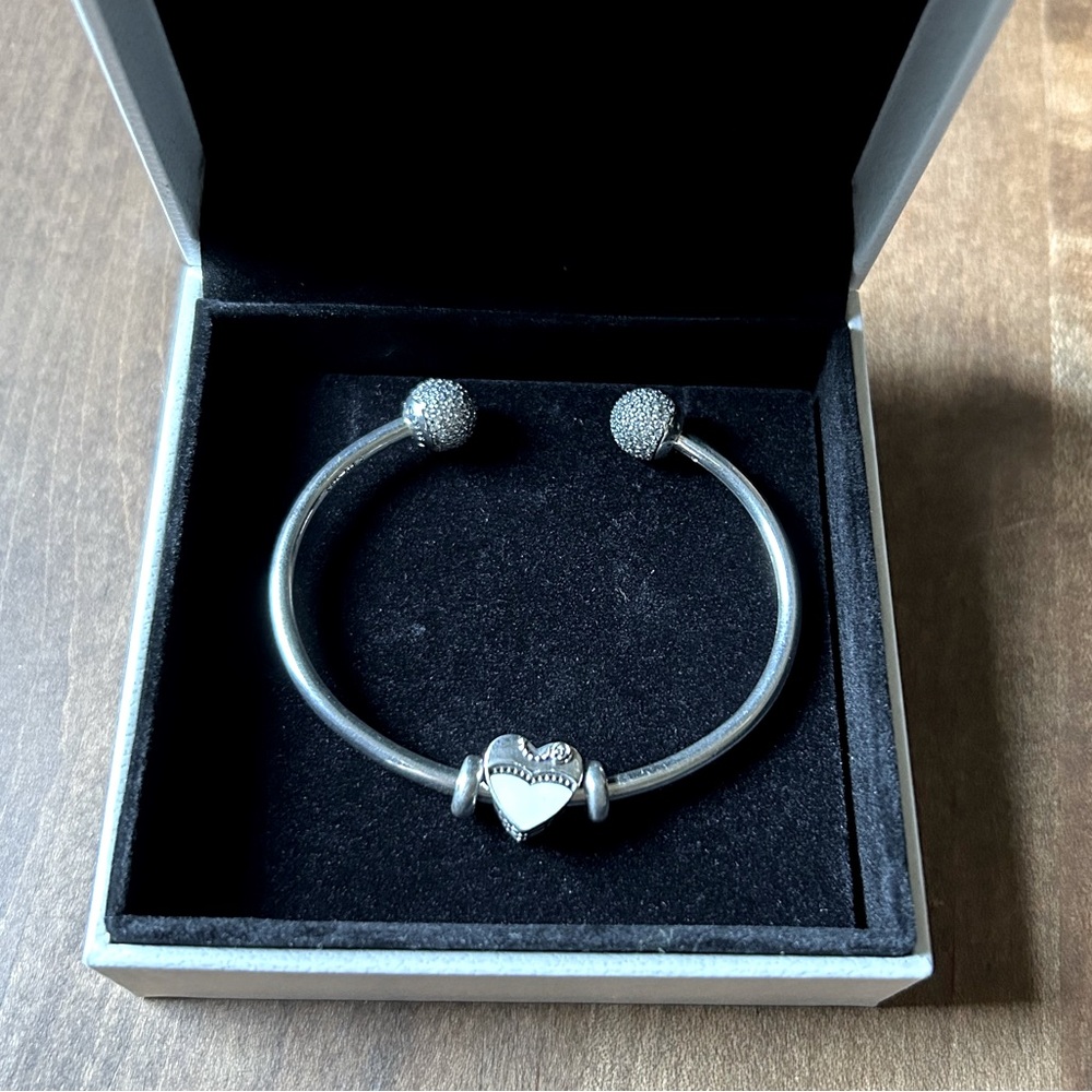 PANDORA “Our Special Day” Charm on Open Bangle Bracelet with Pavee End Caps